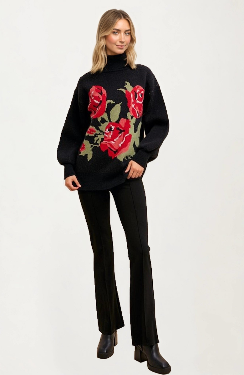 Knit and Lounge Bold Rose Design Turtleneck Sweater, Alternate, color, 