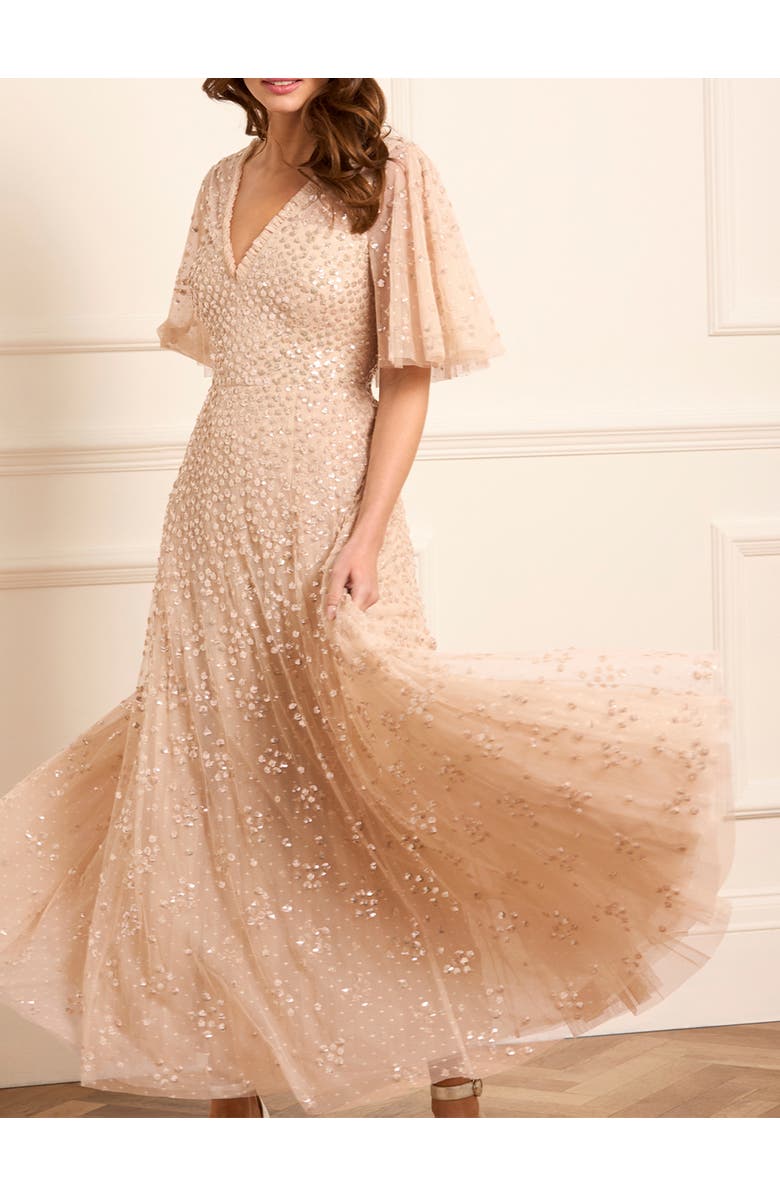 Needle & Thread Leila Dot V-neck Cape Ankle Gown, Alternate, color, Parchment