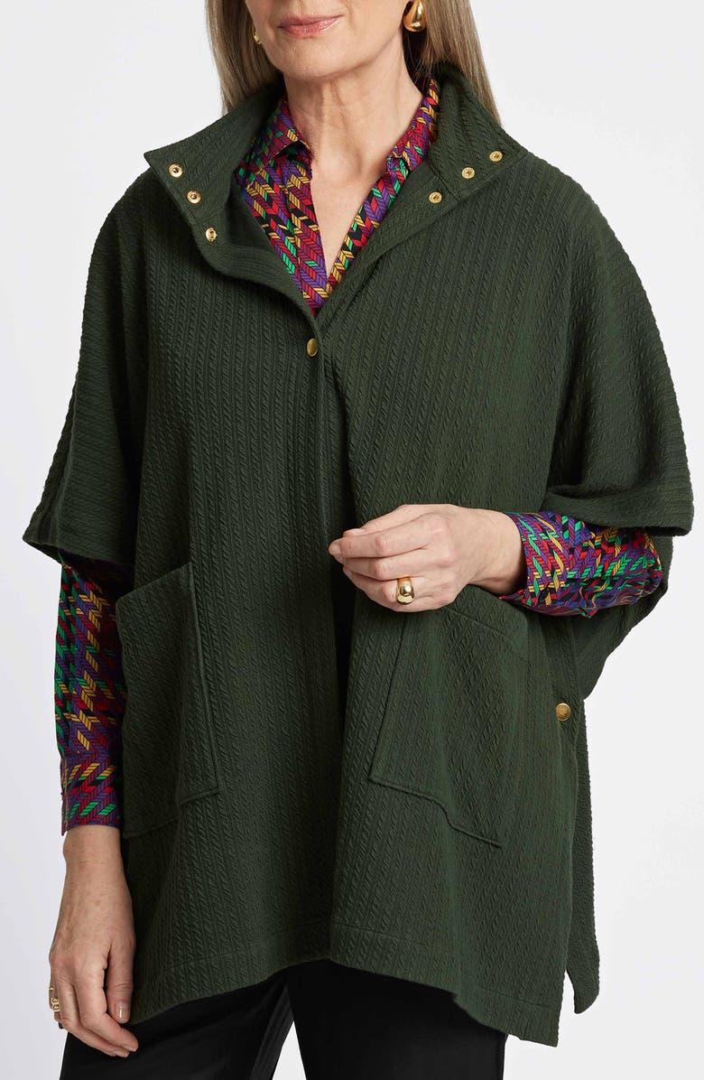 Foxcroft Aspyn Cable Stitch Snap Front Knit Cape, Main, color, Dark Green