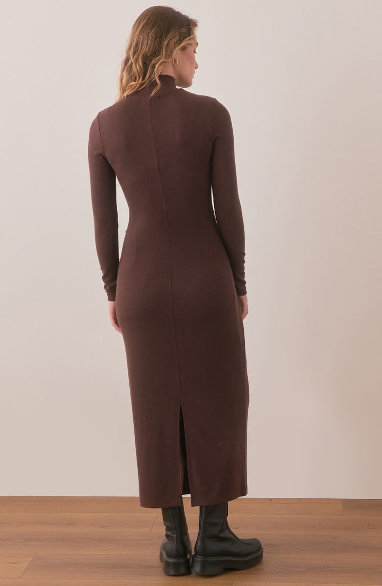 Marine Layer Lexi Ruched Turtleneck Long Sleeve Rib Midi Dress, Alternate, color, Cocoa