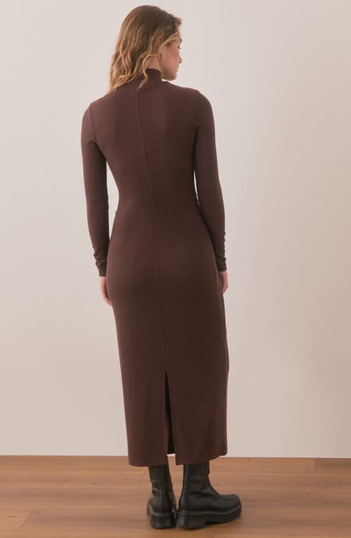 Marine Layer Lexi Ruched Turtleneck Long Sleeve Rib Midi Dress In Brown