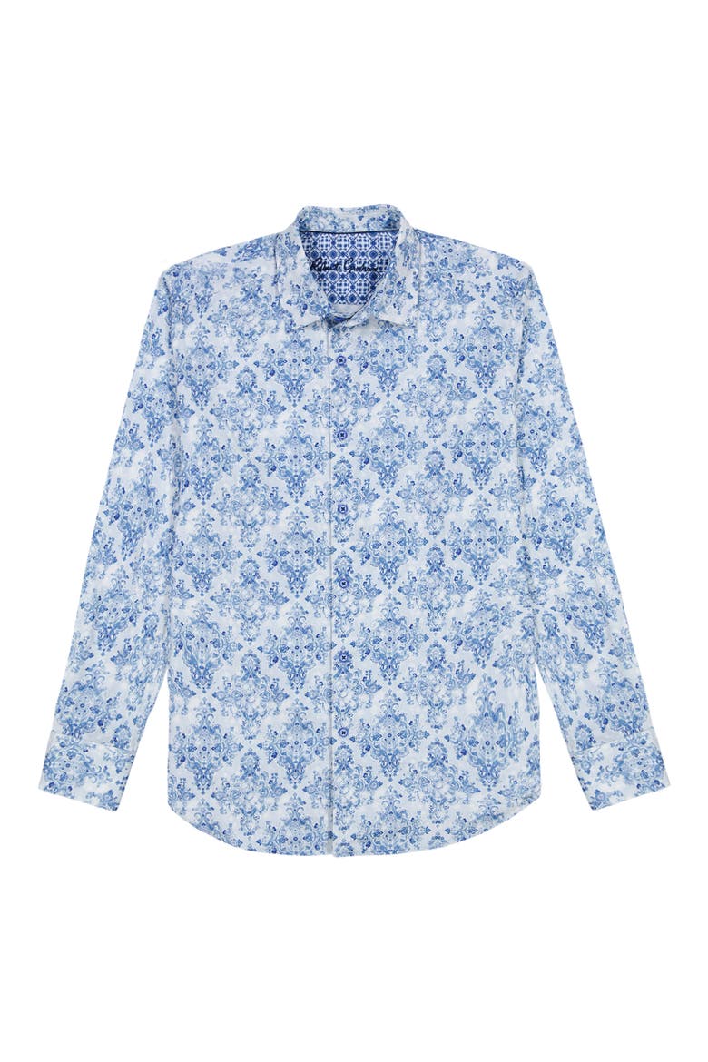 Delancey Damask Print Stretch Cotton Button-Up Shirt, Alternate, color, NAVY