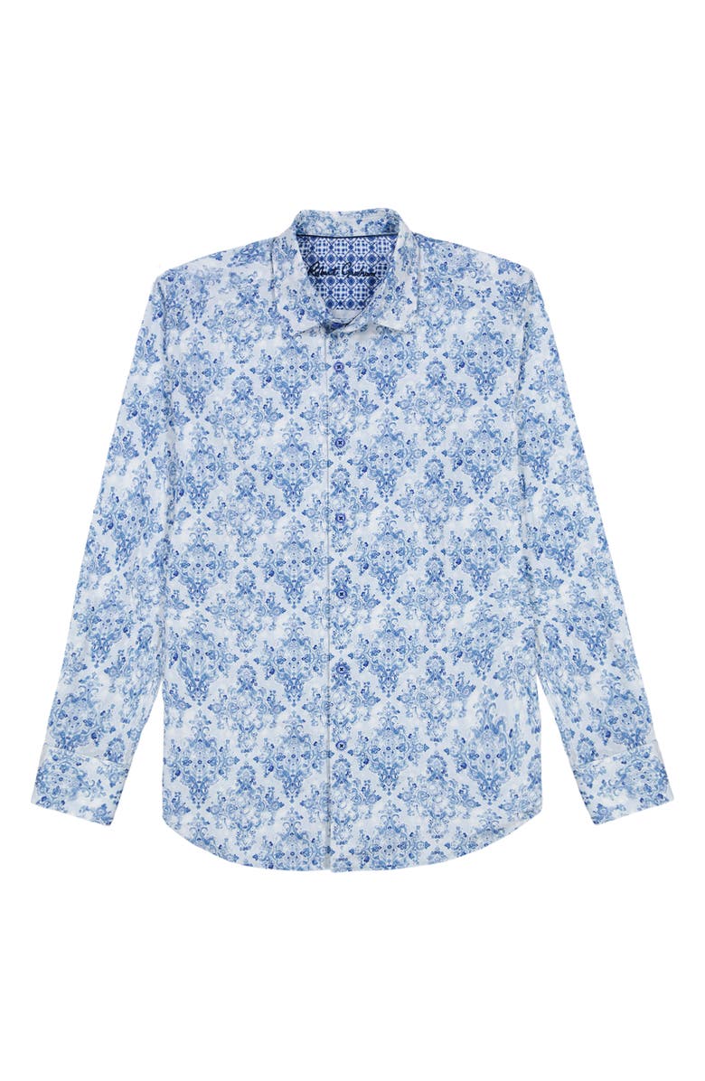 Robert Graham Delancey Damask Print Stretch Cotton Button-Up Shirt, Alternate, color, Navy