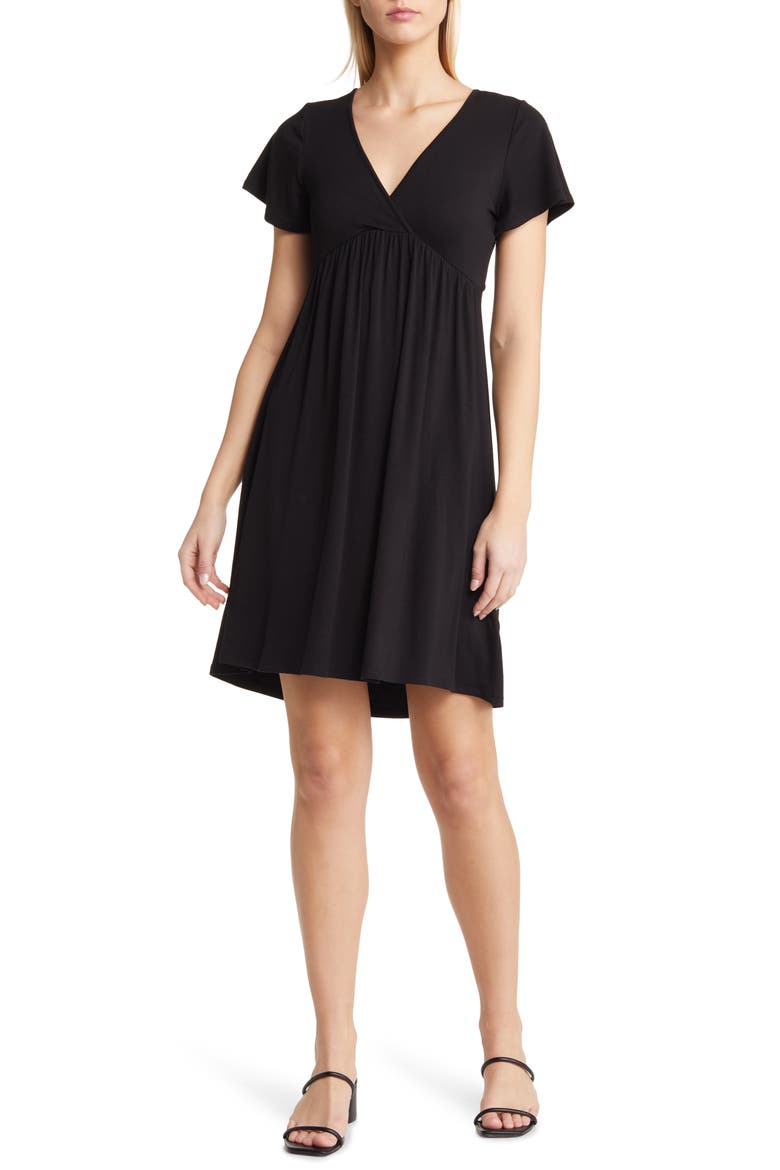Tie Back Surplice V-Neck Knit Minidress, Main, color, BLACK
