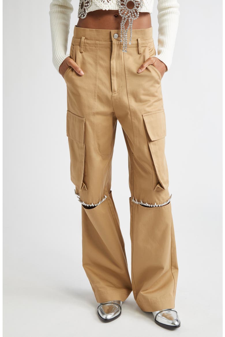 Crystal Trim Slit Cargo Pants, Main, color, TAN