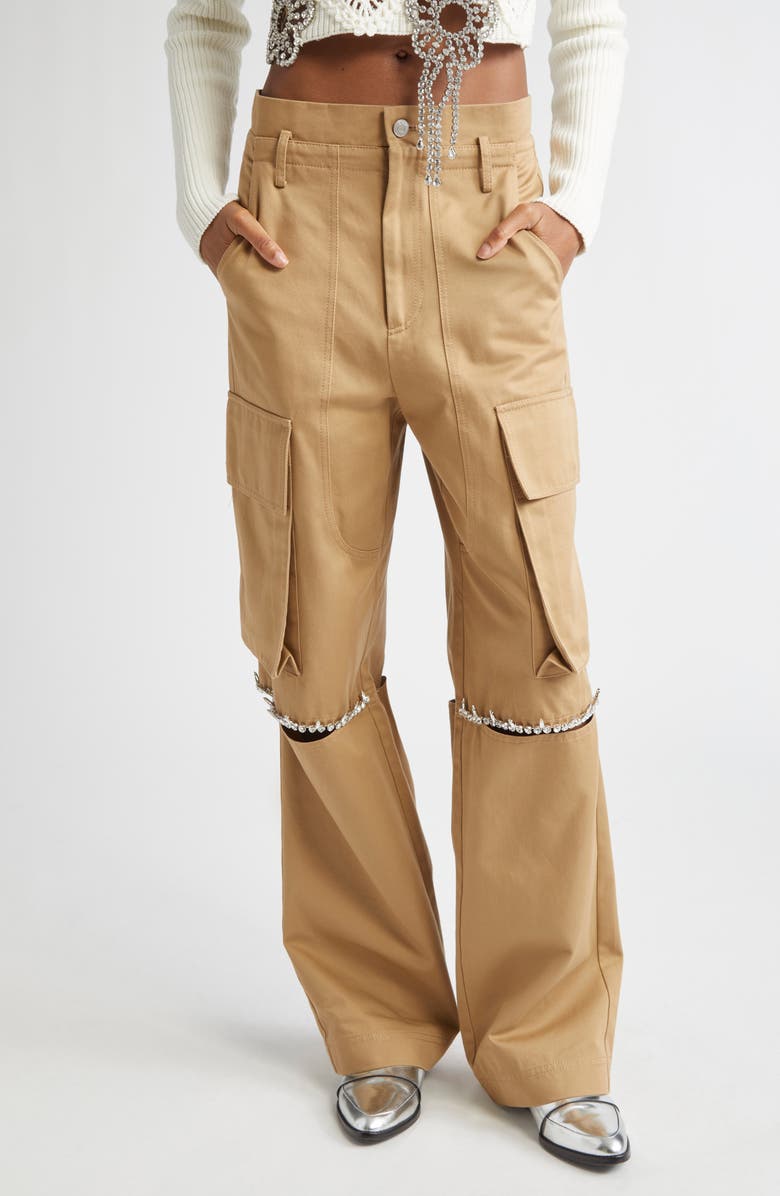 Area Crystal Trim Slit Cargo Pants, Main, color, Tan