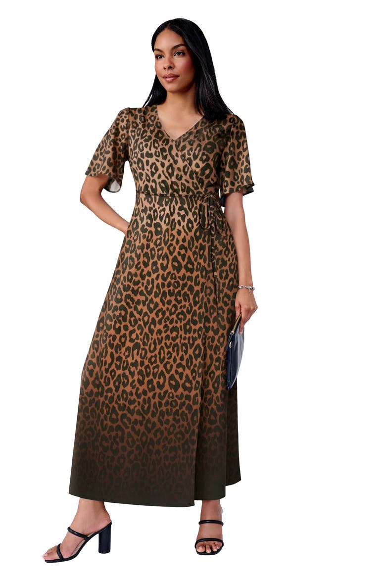 Flutter Sleeve Wrap Maxi Dress, Main, color, NEUTRAL GRADIENT CHEETAH