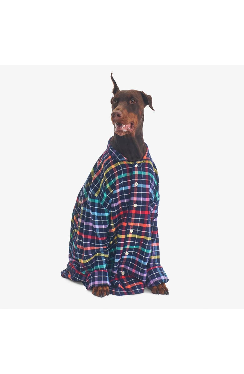 Primary Adult Flannel Holiday Pj Top, Alternate, color, Navy Rainbow Plaid