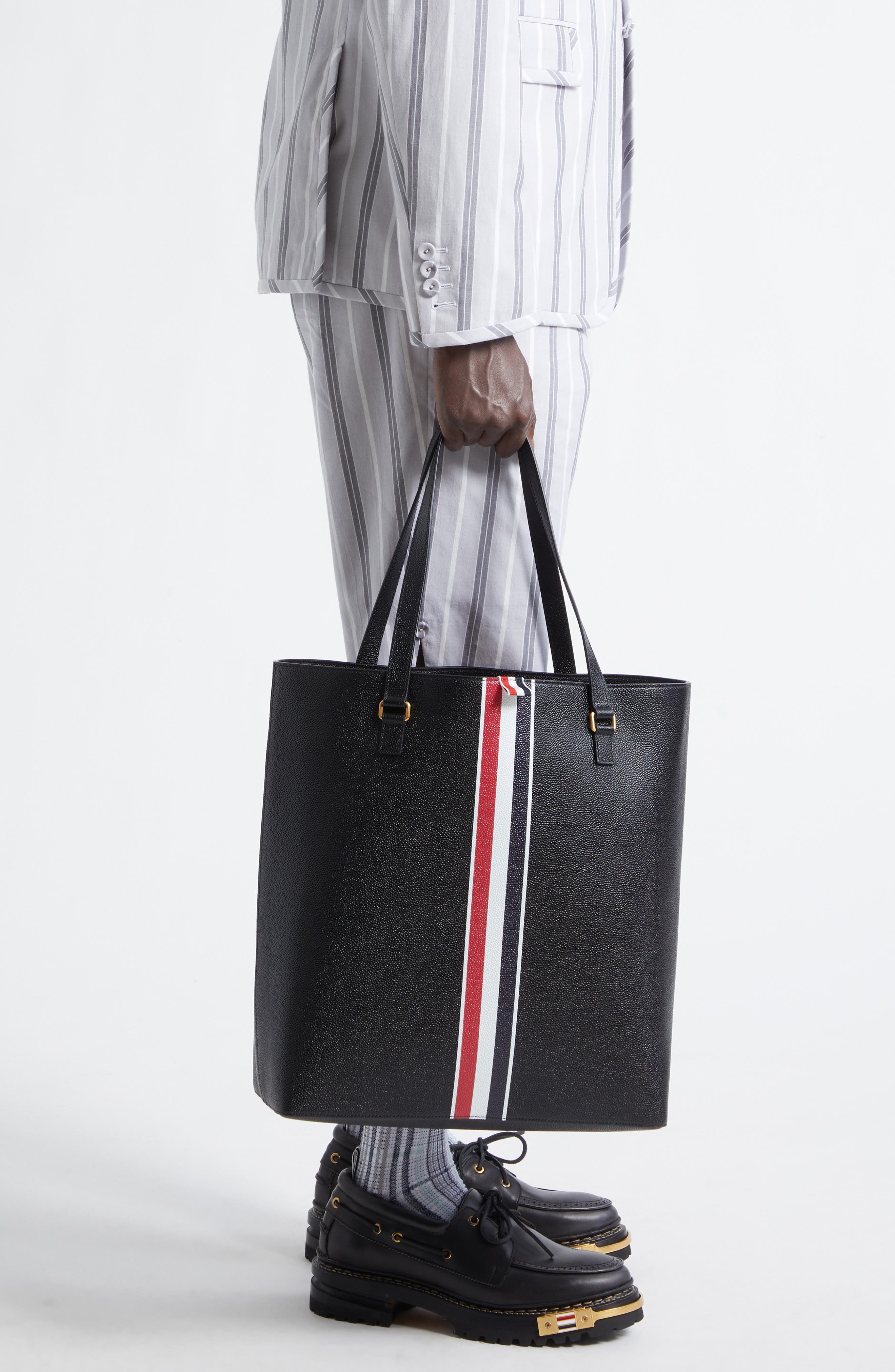 Thom Browne Vertical RWB Stripe Leather Tote, Alternate, color, Black