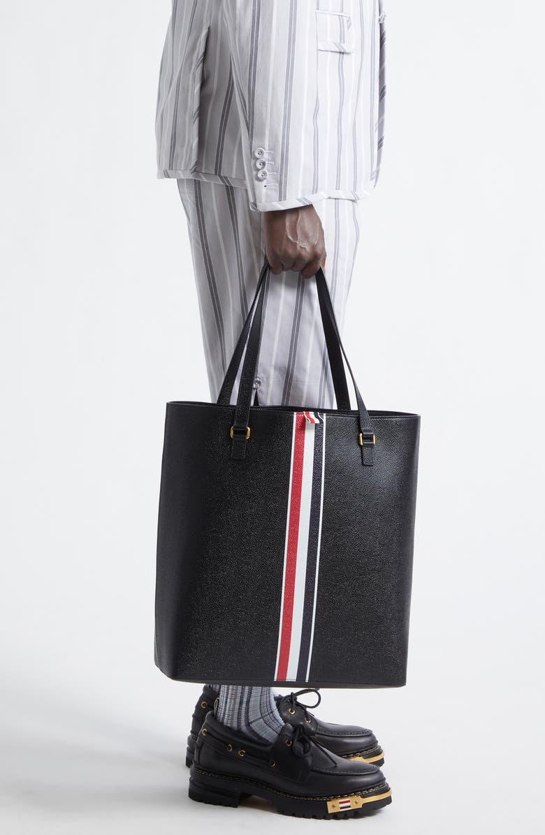 Thom Browne Vertical RWB Stripe Leather Tote, Alternate, color, Black