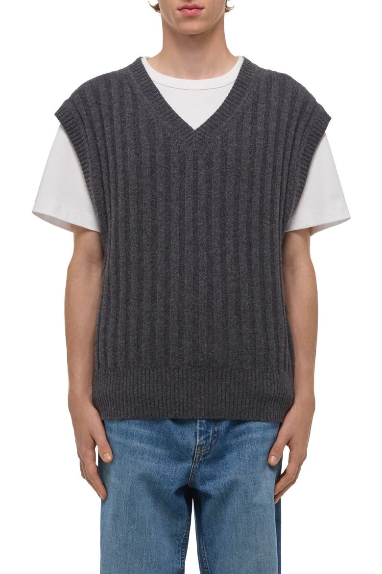 Zephir Oversize V-Neck Ribbed Wool Blend Sweater Vest, Main, color, CHARCOAL