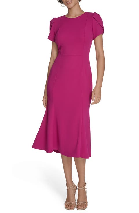 Tulip Sleeve Crepe A-Line Midi Dress