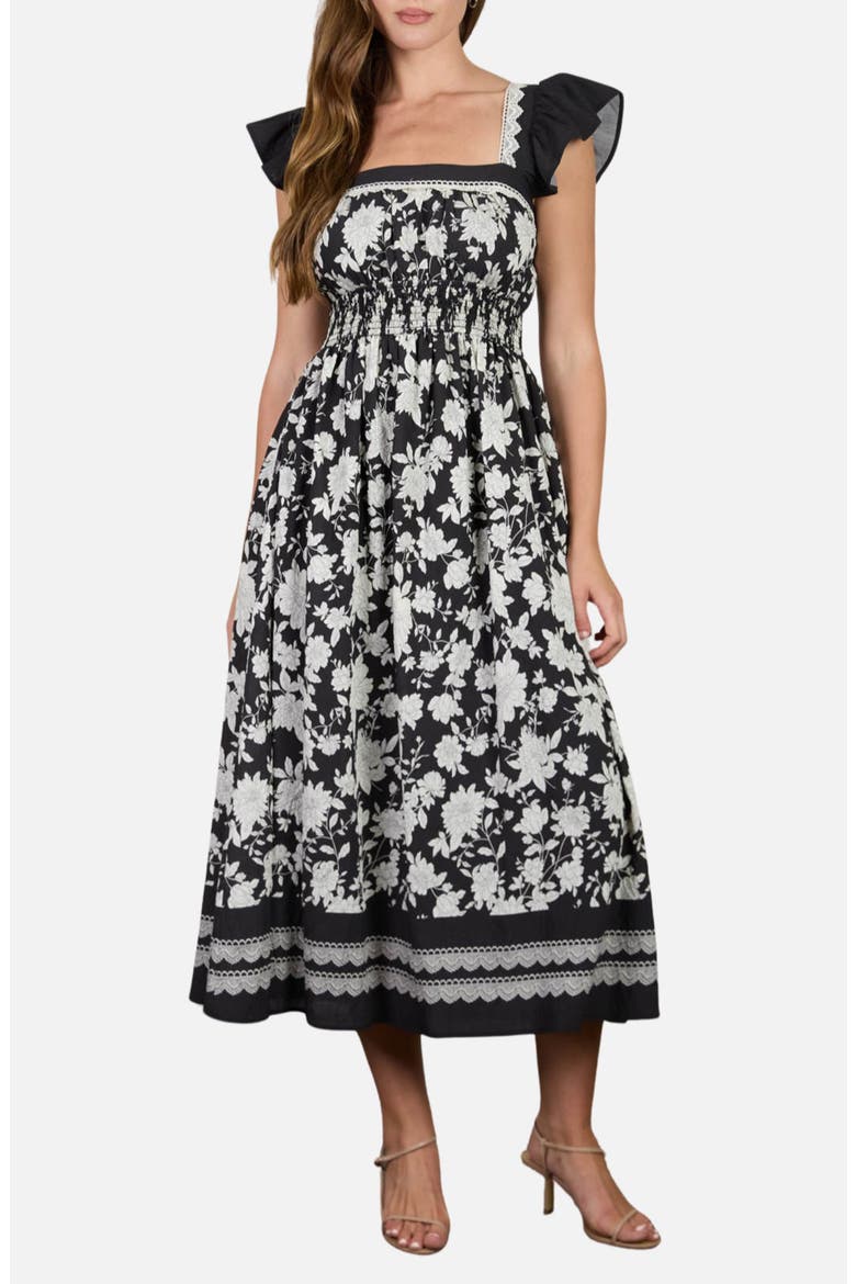 Floral Flutter Sleeve Midi Dress, Main, color, BLACK