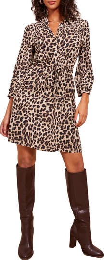 Leopard Print Tie Waist Long Sleeve Shirtdress