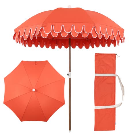 Horizon 6.5 ft. Classic MidCentury Scalloped Fringe Market Beach Umbrella with Push-Button Tilt