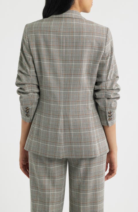 Windowpane Plaid Scrunch Sleeve Jacket
