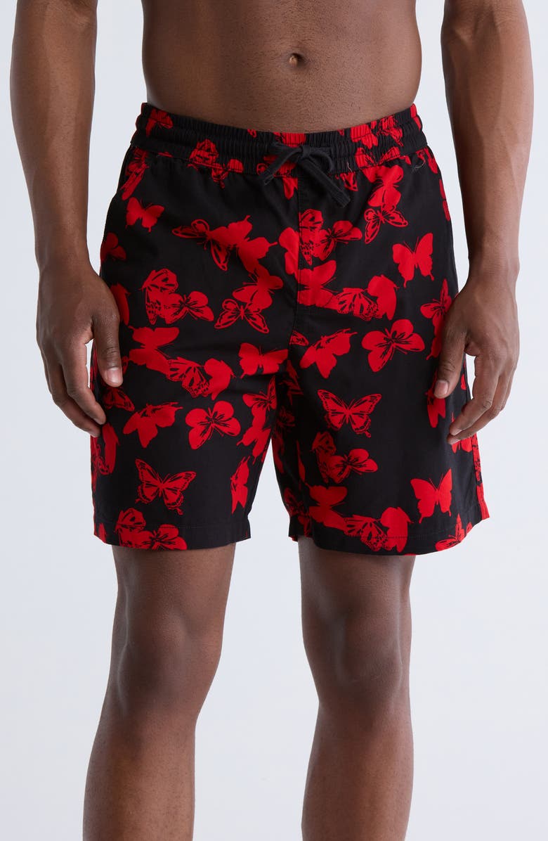 DENIM AND FLOWER Butterfly Cotton Blend Pull-On Shorts, Main, color, Navy