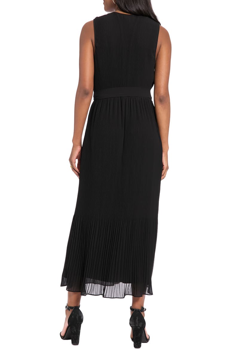 London Times Pleated Surplice Neck Midi Dress, Alternate, color, Black