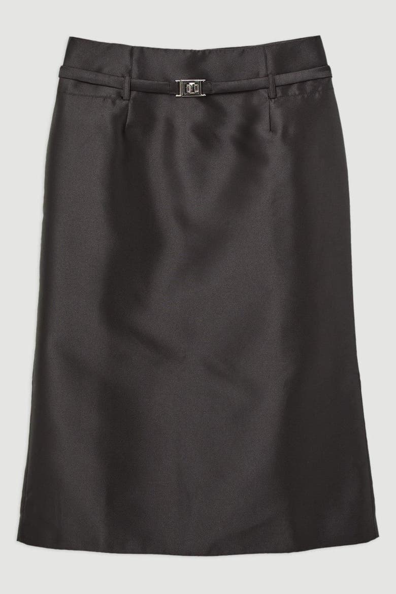 Satin Twill Belted Tailored Midi Skirt, Alternate, color, Black