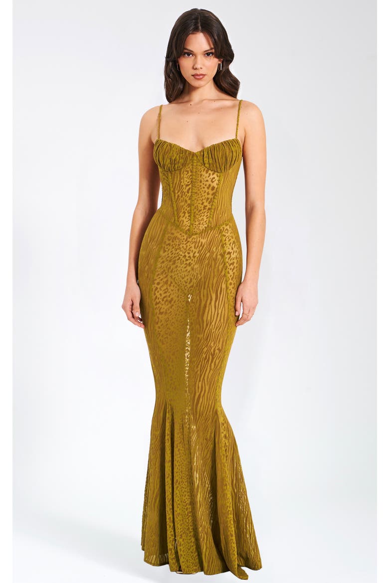 Ulani Burnout Velvet Detail Mesh Maxi Mermaid Dress, Main, color, Gold