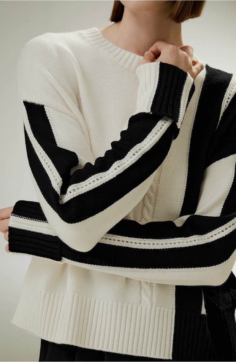 Lilysilk Women's Bicolor Stripe Knit Wool Sweater, Alternate, color, White
