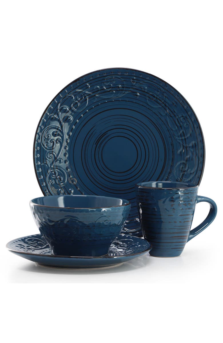 Elama Malibu Deep Ocean 16-Piece Stoneware Dinnerware Set, Alternate, color, Blue