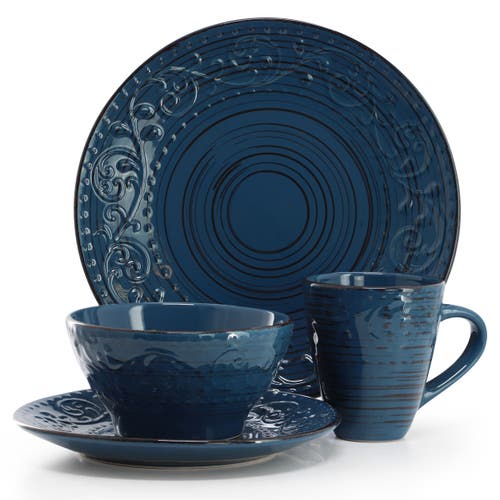 Elama Malibu Deep Ocean 16-piece Stoneware Dinnerware Set In Blue