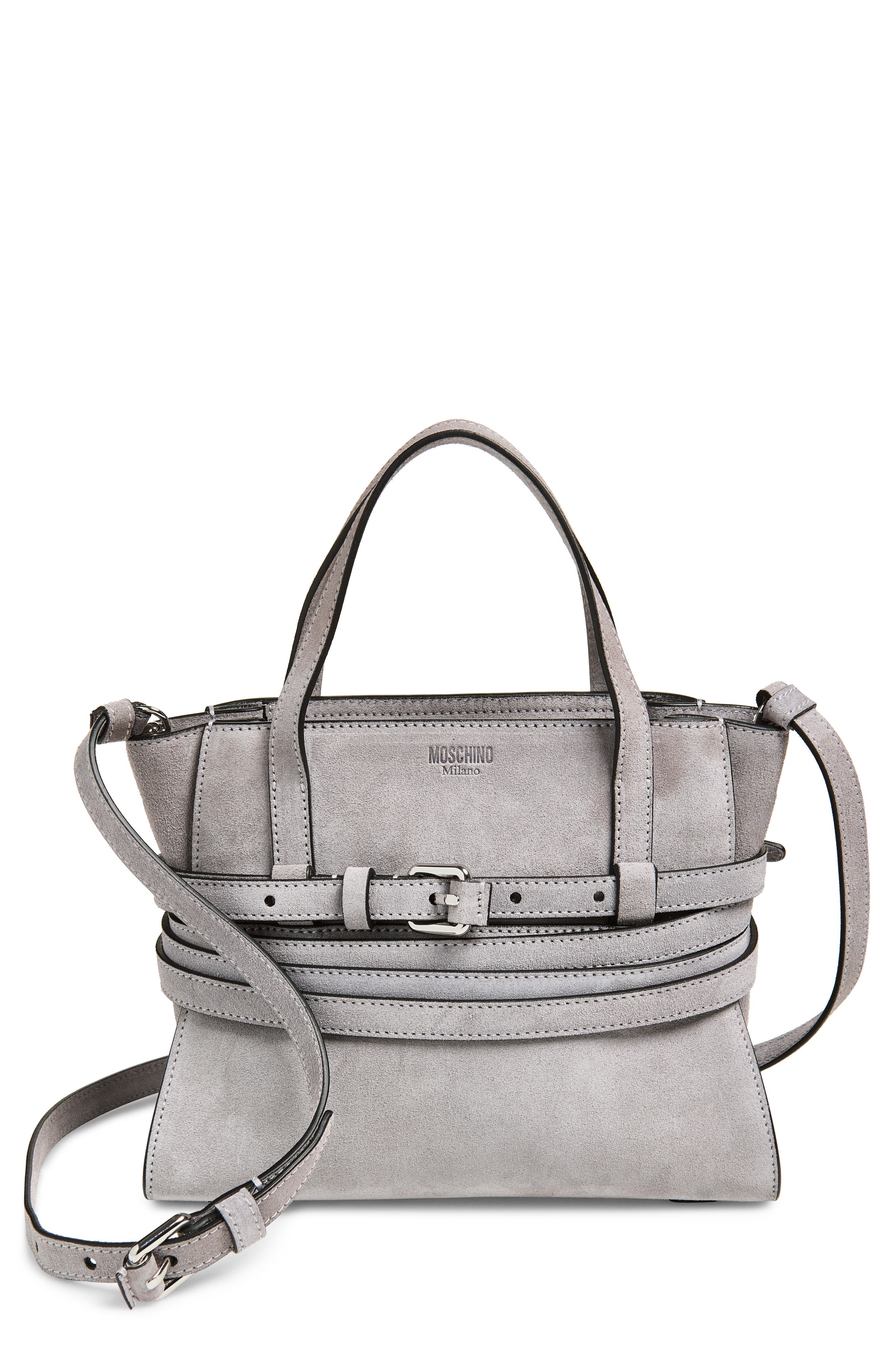 Moschino Tie Me Suede Handbag, Main, color, Grey 01A Of0