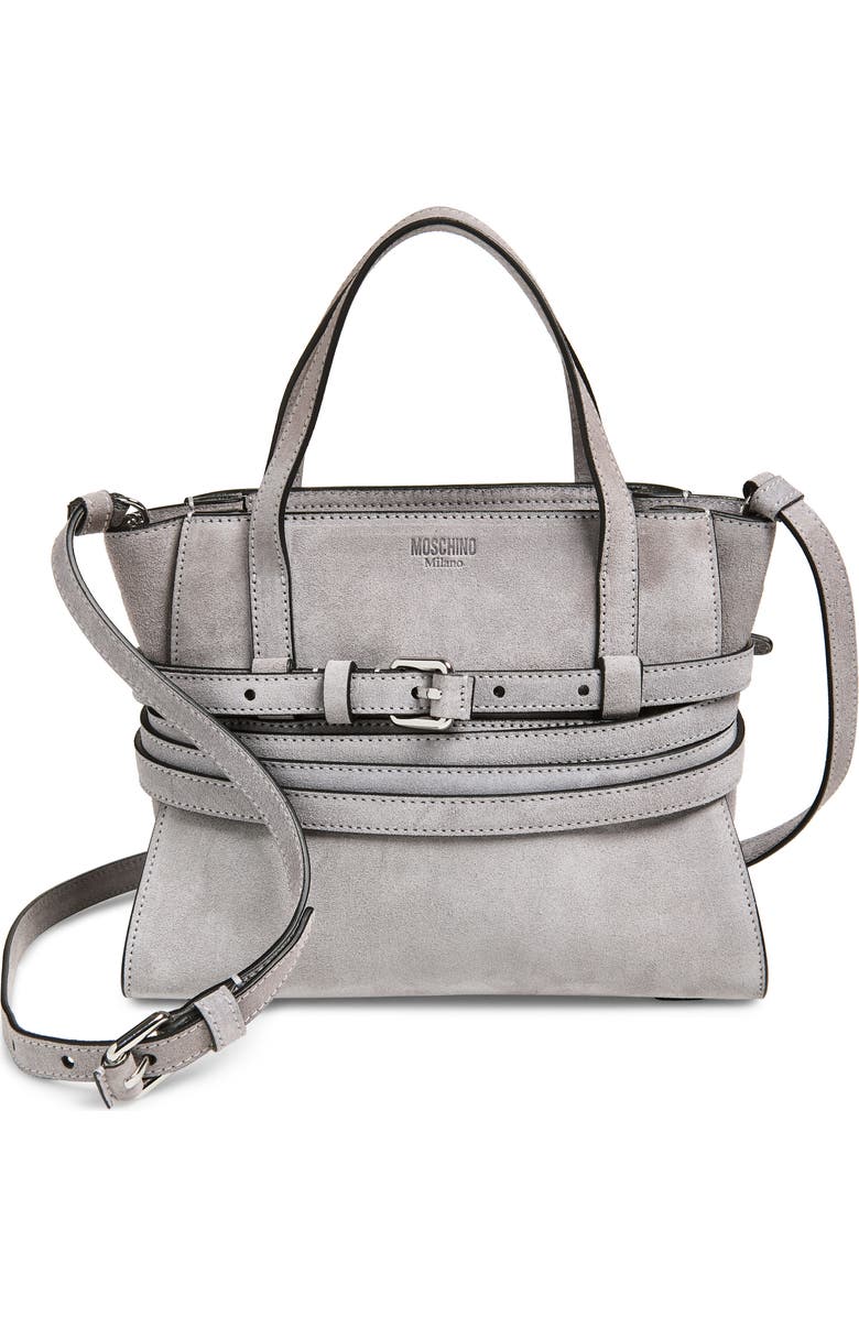 Moschino Tie Me Suede Handbag, Main, color, Grey 01A Of0