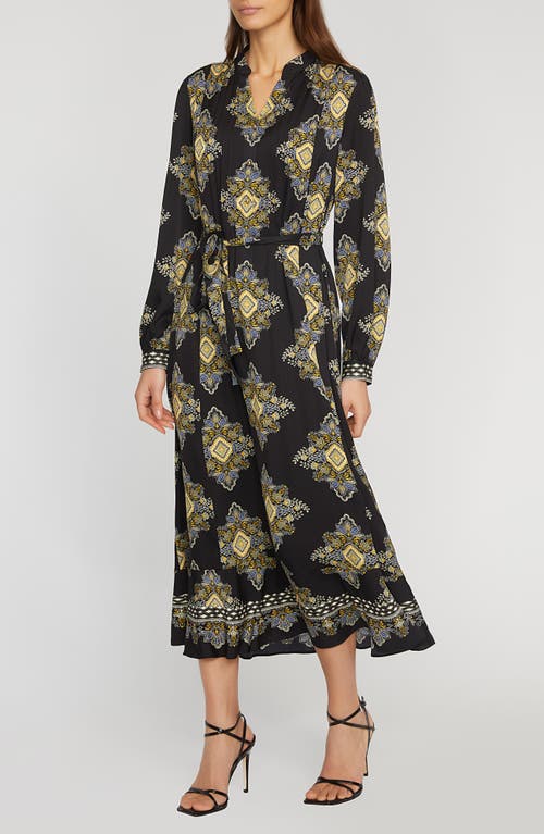 Elie Tahari Mila Pleated Long Sleeve stretch Silk Maxi Dress in Marseille Print Placed 