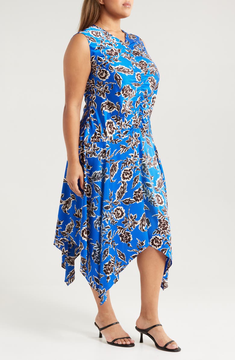 MELLODAY Floral Print Ruched Handkerchief Hem Dress, Alternate, color, Blue Brown Multi Floral