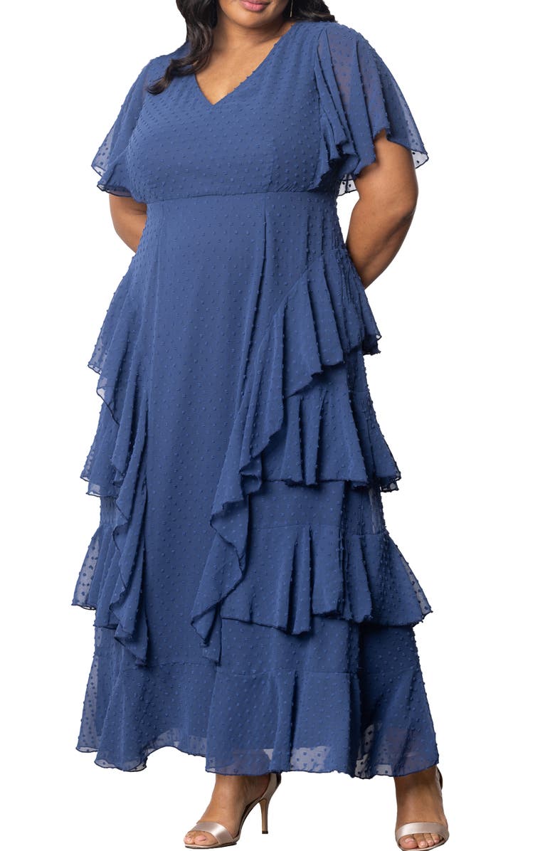 Kiyonna Tour de Flounce Tiered Maxi Dress, Main, color, Denim Blue Dot