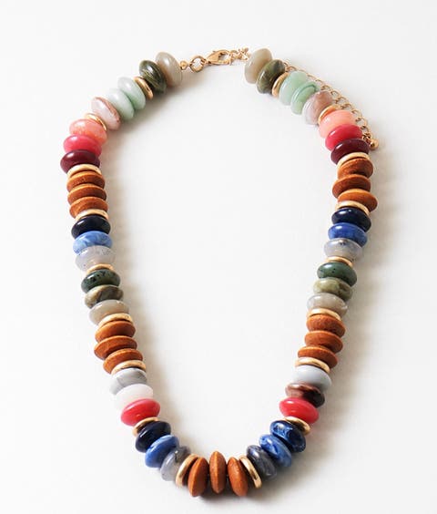 Wood and Neutral Beaded Necklace