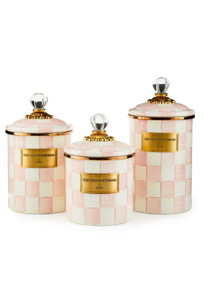Rosy Check Enameled Steel Small Canister, Alternate, color, PINK/ WHITE