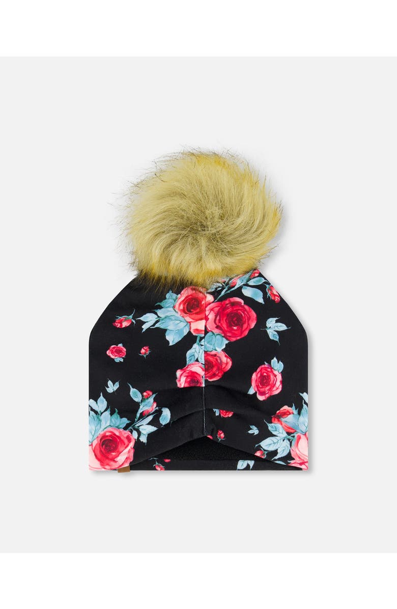 Deux par Deux Baby Girl's Mid-Season Jersey Detachable Pompom Hat Black Printed Roses, Alternate, color, 