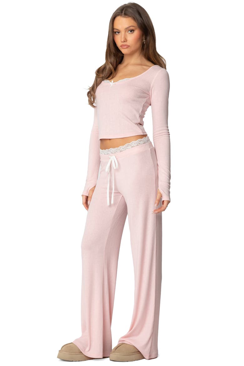 Peekaboo Lace Trim Knit Wide Leg Pants, Alternate, color, PINK