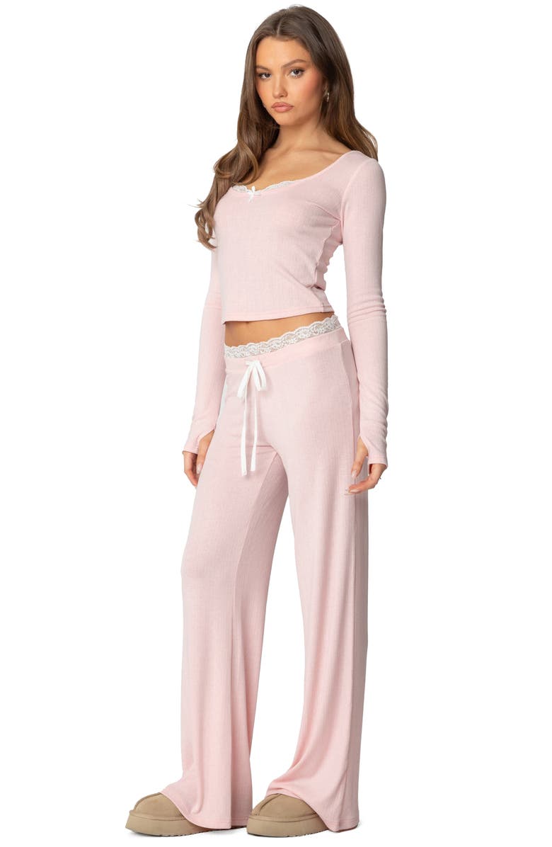 EDIKTED Peekaboo Lace Trim Knit Wide Leg Pants, Alternate, color, Pink