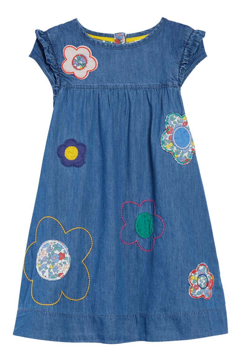 Kids' Appliqué Cotton Denim Dress, Main, color, CHAMBRAY BLUE FLOWERS