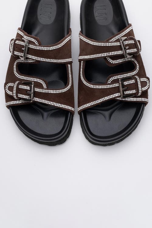 Forever & Always Shoes Allen Rhinestone Leather Slide Sandal In Brown