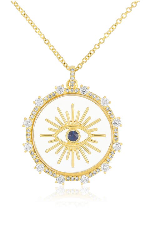 14K Gold Diamond & Sapphire Floating Evil Eye Pendant Necklace