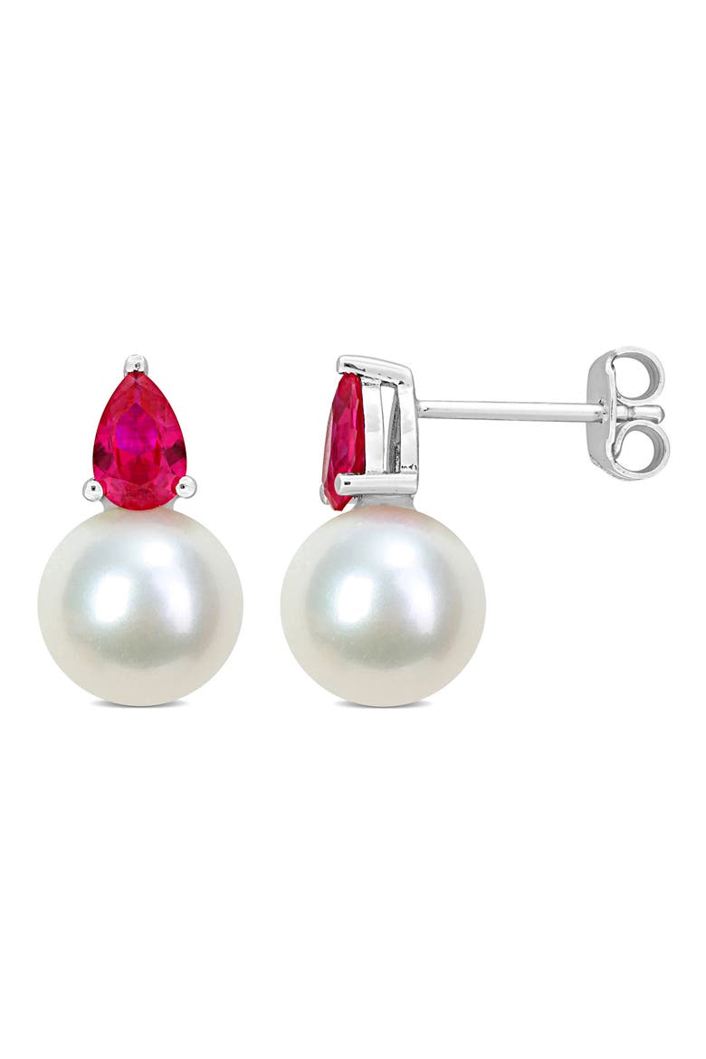 Lab Created Ruby & Freshwater Pearl Stud Earrings, Main, color, RED