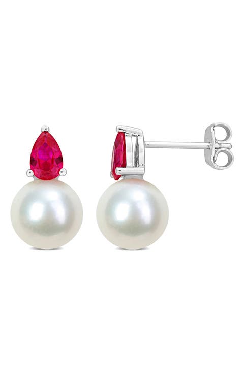 Lab Created Ruby & Freshwater Pearl Stud Earrings