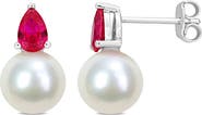 DELMAR Lab Created Ruby & Freshwater Pearl Stud Earrings