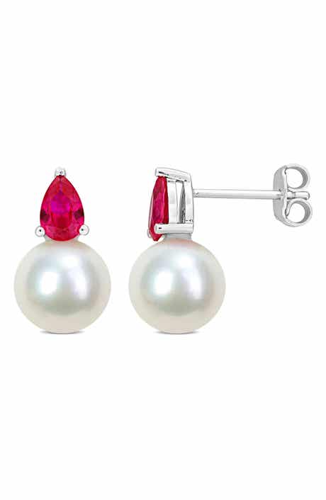 DELMAR Lab Created Ruby & Freshwater Pearl Stud Earrings