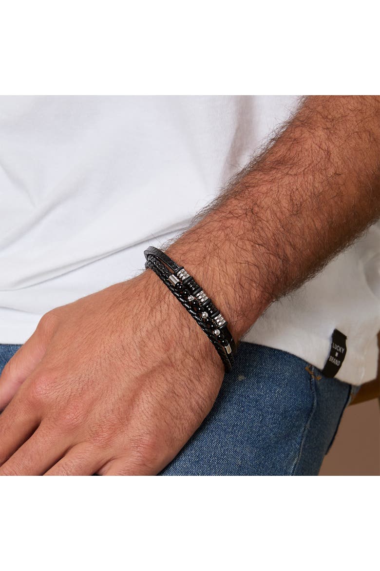 Stainless Steel Triple Row Black Cord Bracelet - 8.25", Alternate, color, Black, silver