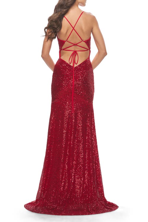 La Femme Long Sequin Gown With Dramatic Flare Skirt And Slit
