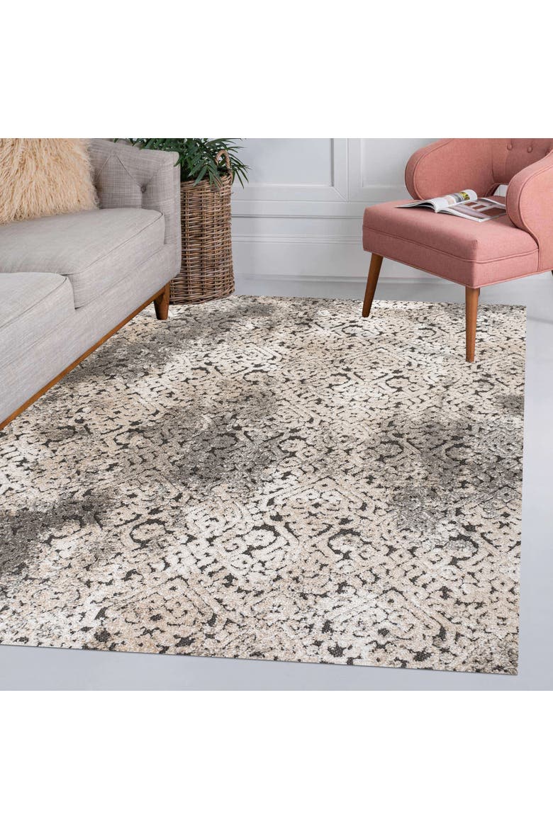 Duenas High-Low Shabby Damask Indoor/Outdoor Area Rug, Alternate, color, Cream/Beige/Dark Gray