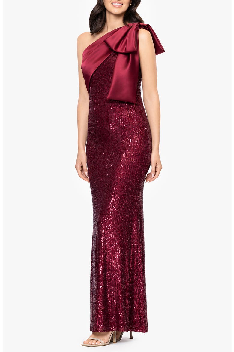 Sequin Bow One-Shoulder Column Gown, Alternate, color, BURGUNDY