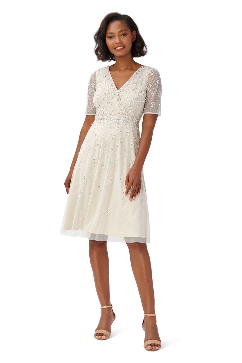 Beaded Tea Length Cocktail Dress, Alternate, color, IVORY/ PEARL