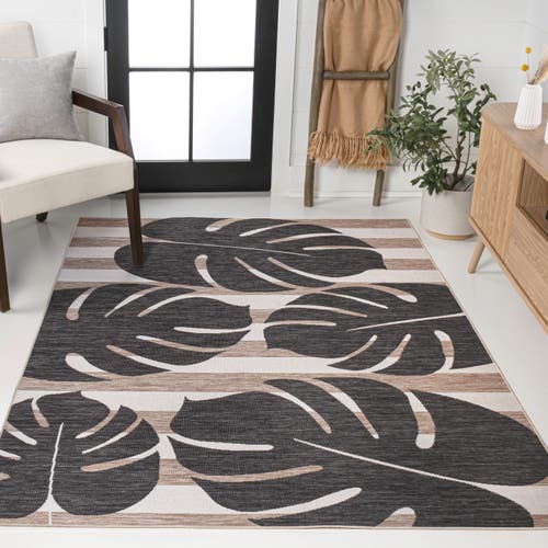 Jonathan Y Allison Classic Beach Stripe And Monstera Leaf Indoor/outdoor Area Rug